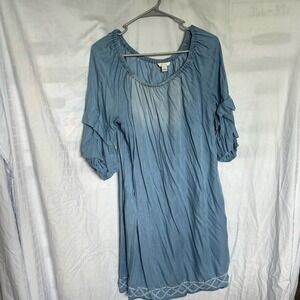 Est. 1946 Blue Chambray Embroidered Hem Ruffle Sleeve Shift Dress Large